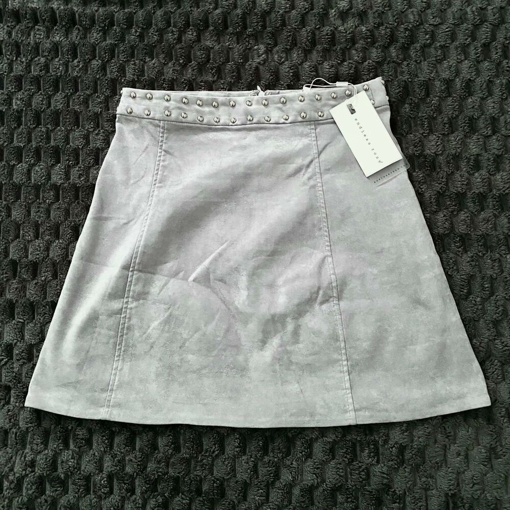 Endless Rose Silver Faux Suede Studded Mini Skirt Women's Small NWT